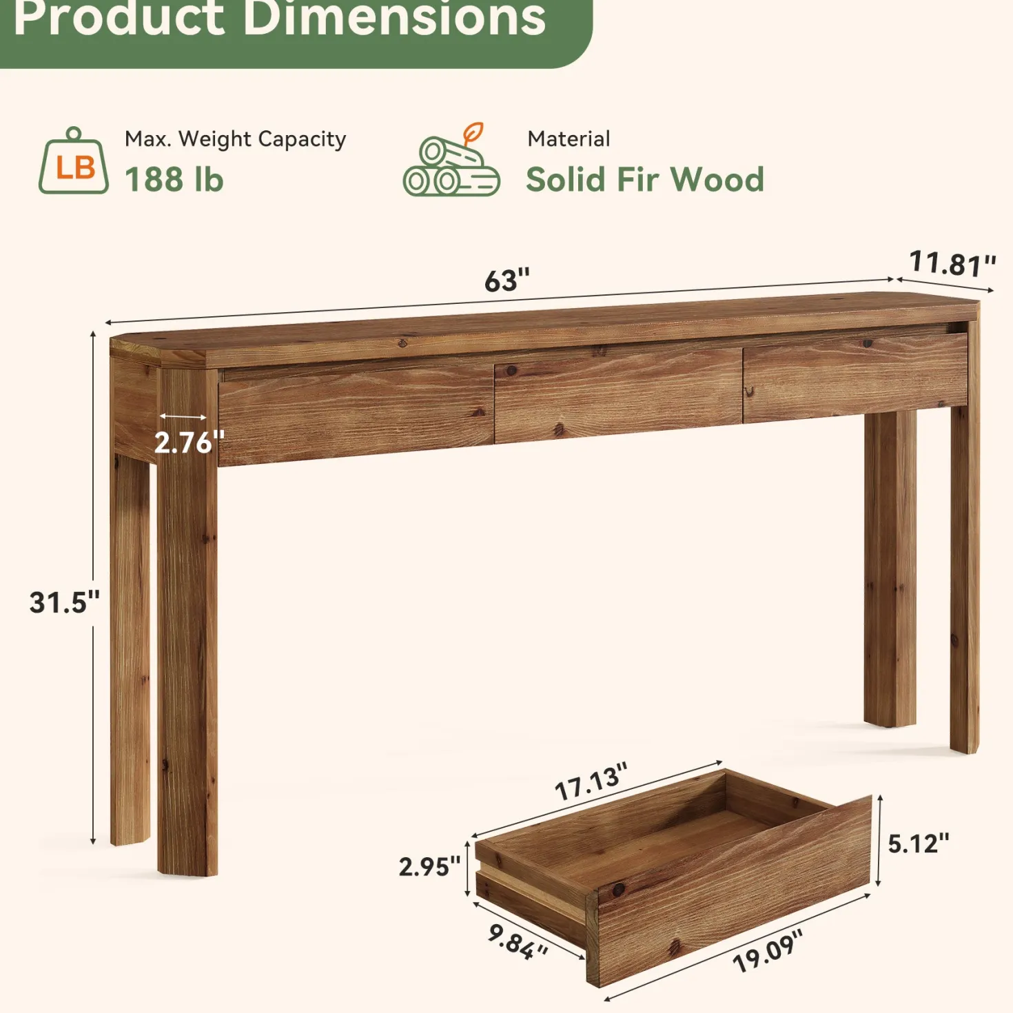 63" Solid Wood Console Table, Farmhouse Entryway Table with 3 Drawers
