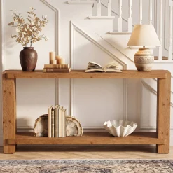 57" Solid Wood Console Table, Narrow Entryway Sofa Table with Shelf for Hallway