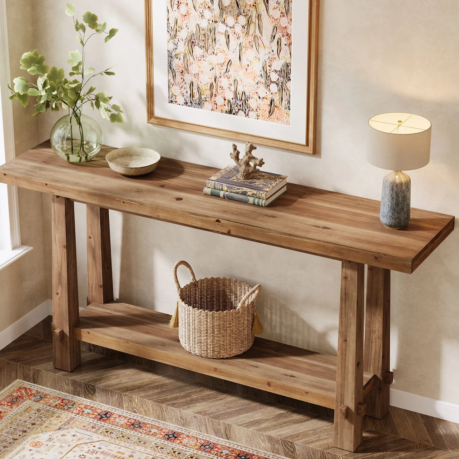 63" Solid Wood Console Table with Shelf, Farmhouse Narrow Entryway & Sofa Table for Hallway or Behind Couch
