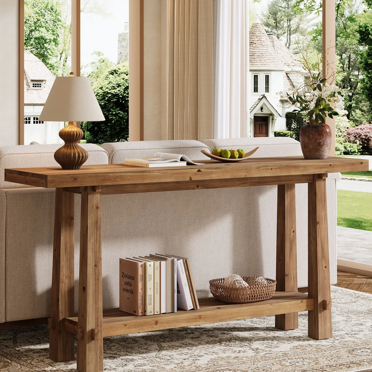 63" Solid Wood Console Table with Shelf, Farmhouse Narrow Entryway & Sofa Table for Hallway or Behind Couch