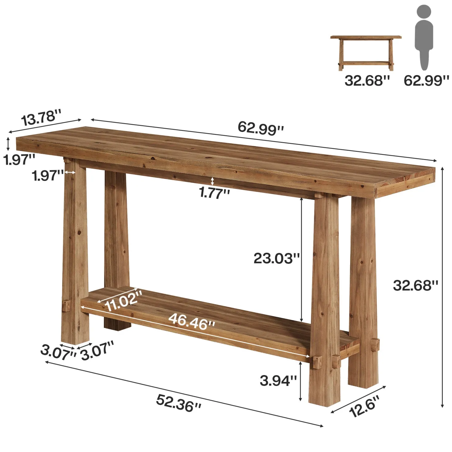 63" Solid Wood Console Table with Shelf, Farmhouse Narrow Entryway & Sofa Table for Hallway or Behind Couch