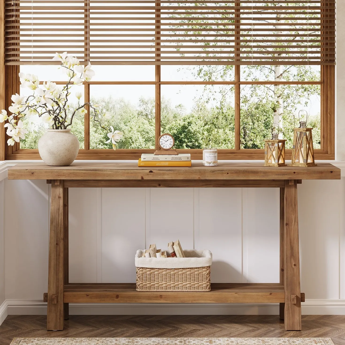 63" Solid Wood Console Table with Shelf, Farmhouse Narrow Entryway & Sofa Table for Hallway or Behind Couch