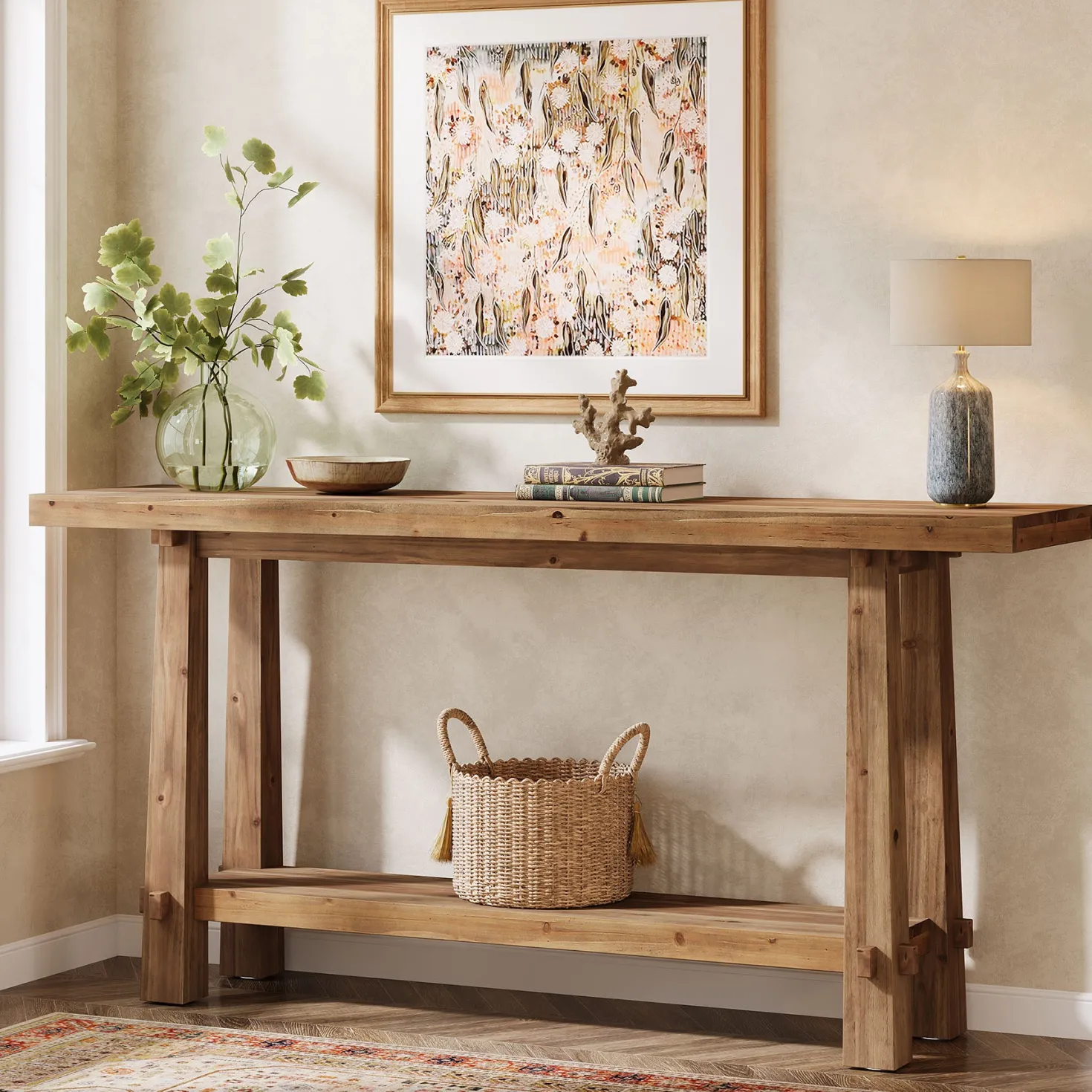 63" Solid Wood Console Table with Shelf, Farmhouse Narrow Entryway & Sofa Table for Hallway or Behind Couch