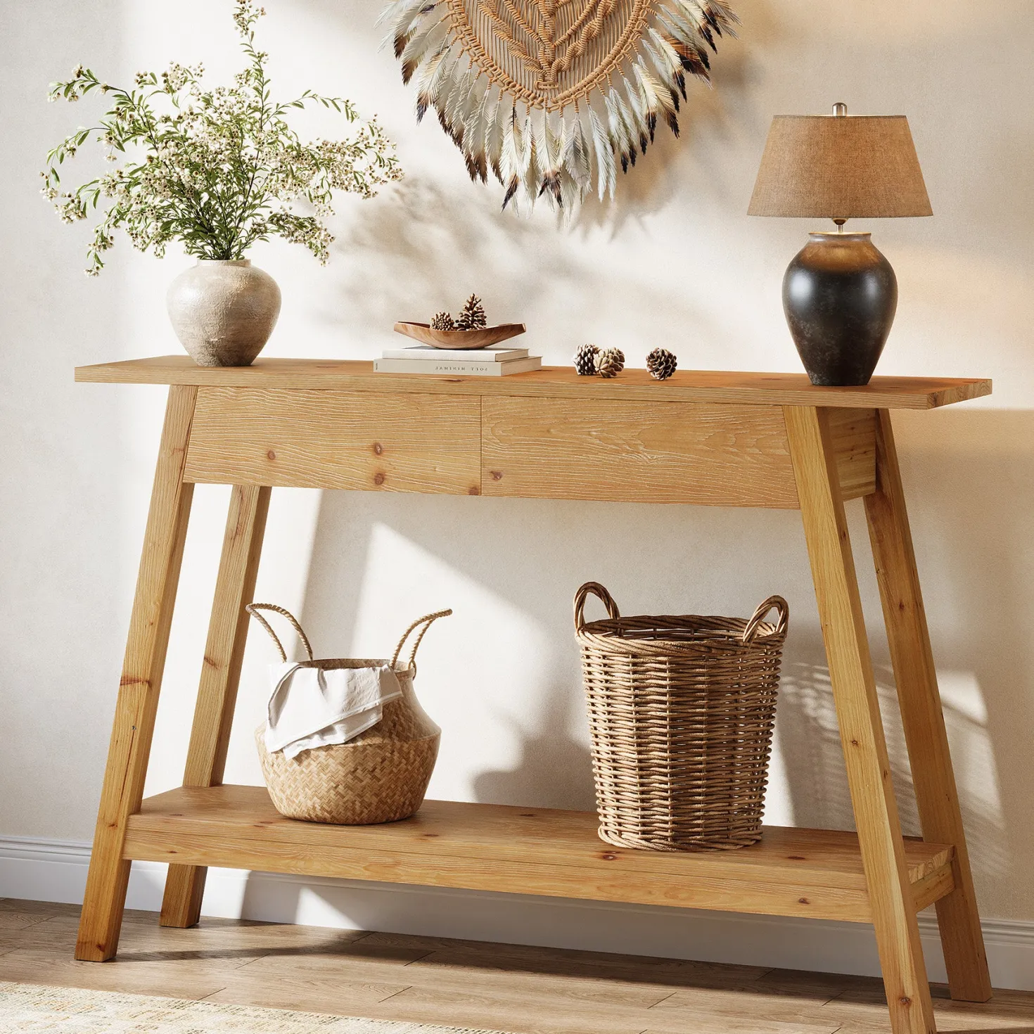 43.3" Solid Wood Console Table with 2 Drawers, Narrow Entryway Sofa Table with Shelf Storage