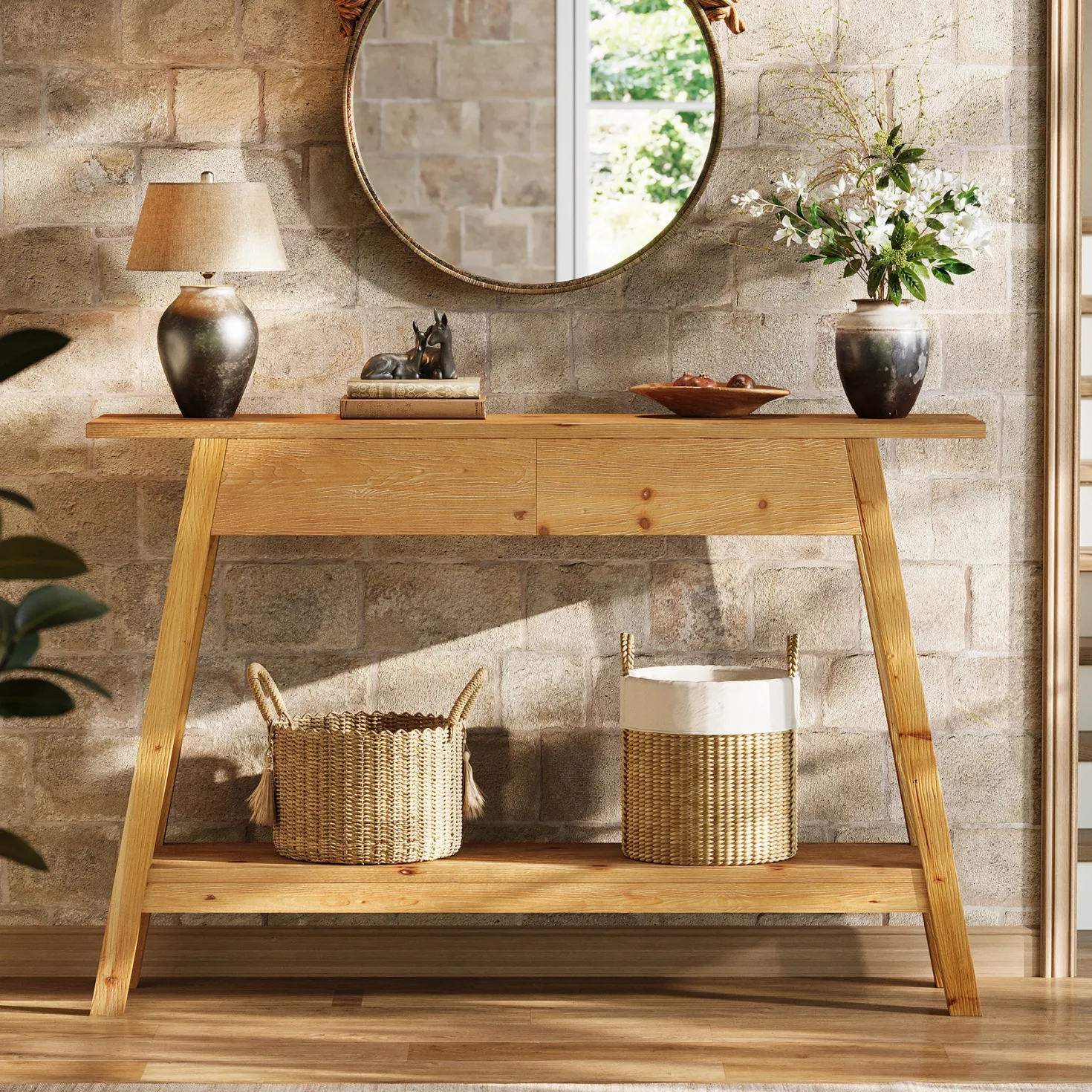 43.3" Solid Wood Console Table with 2 Drawers, Narrow Entryway Sofa Table with Shelf Storage