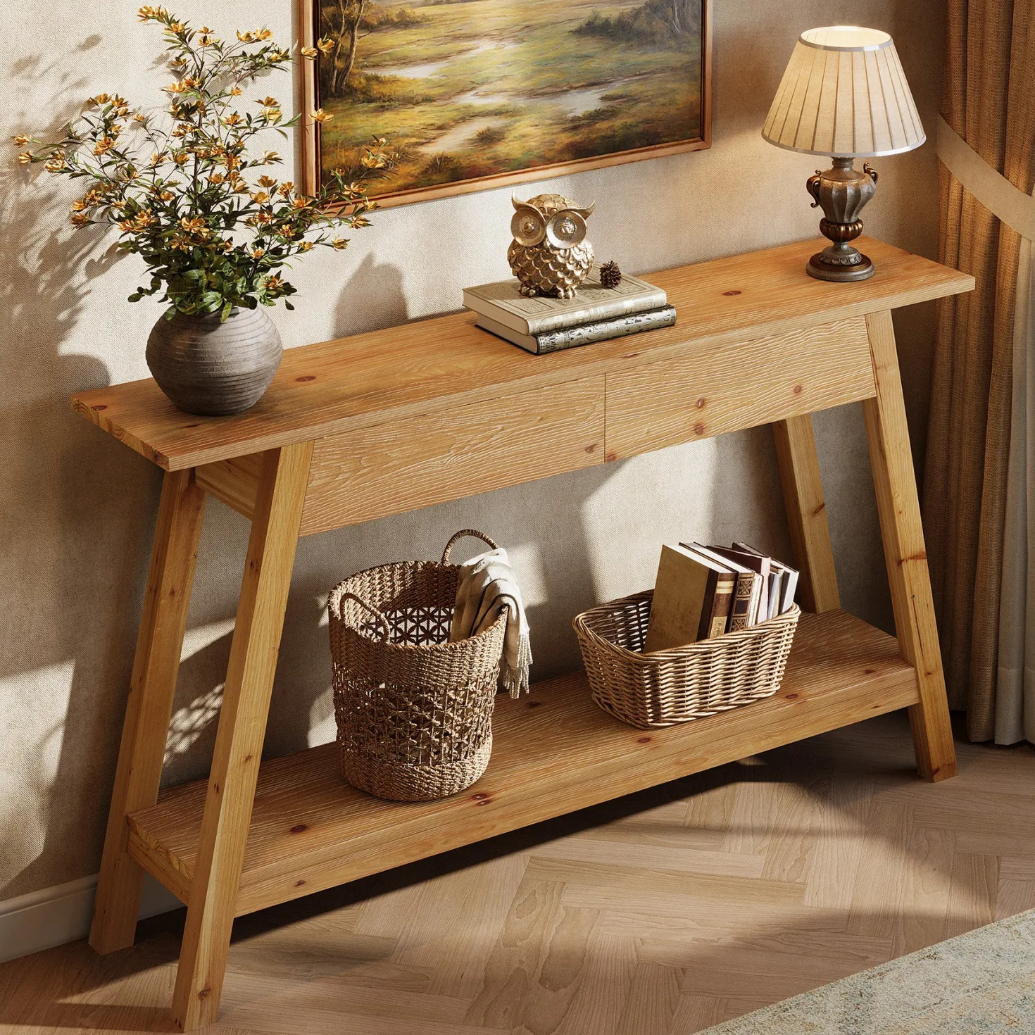 43.3" Solid Wood Console Table with 2 Drawers, Narrow Entryway Sofa Table with Shelf Storage