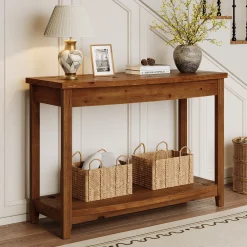 41.3" Solid Wood Console Table, Farmhouse Entryway Table With Storage Shelf