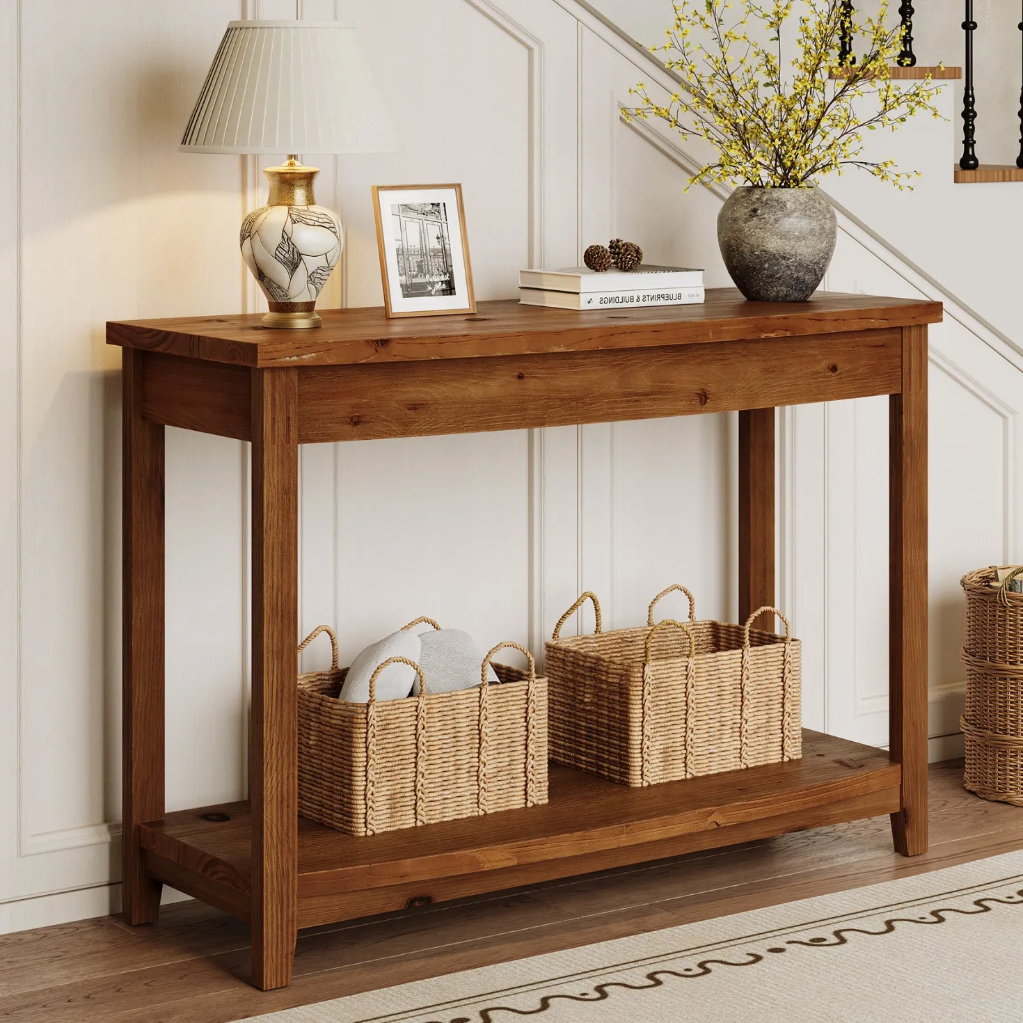 41.3" Solid Wood Console Table, Farmhouse Entryway Table With Storage Shelf