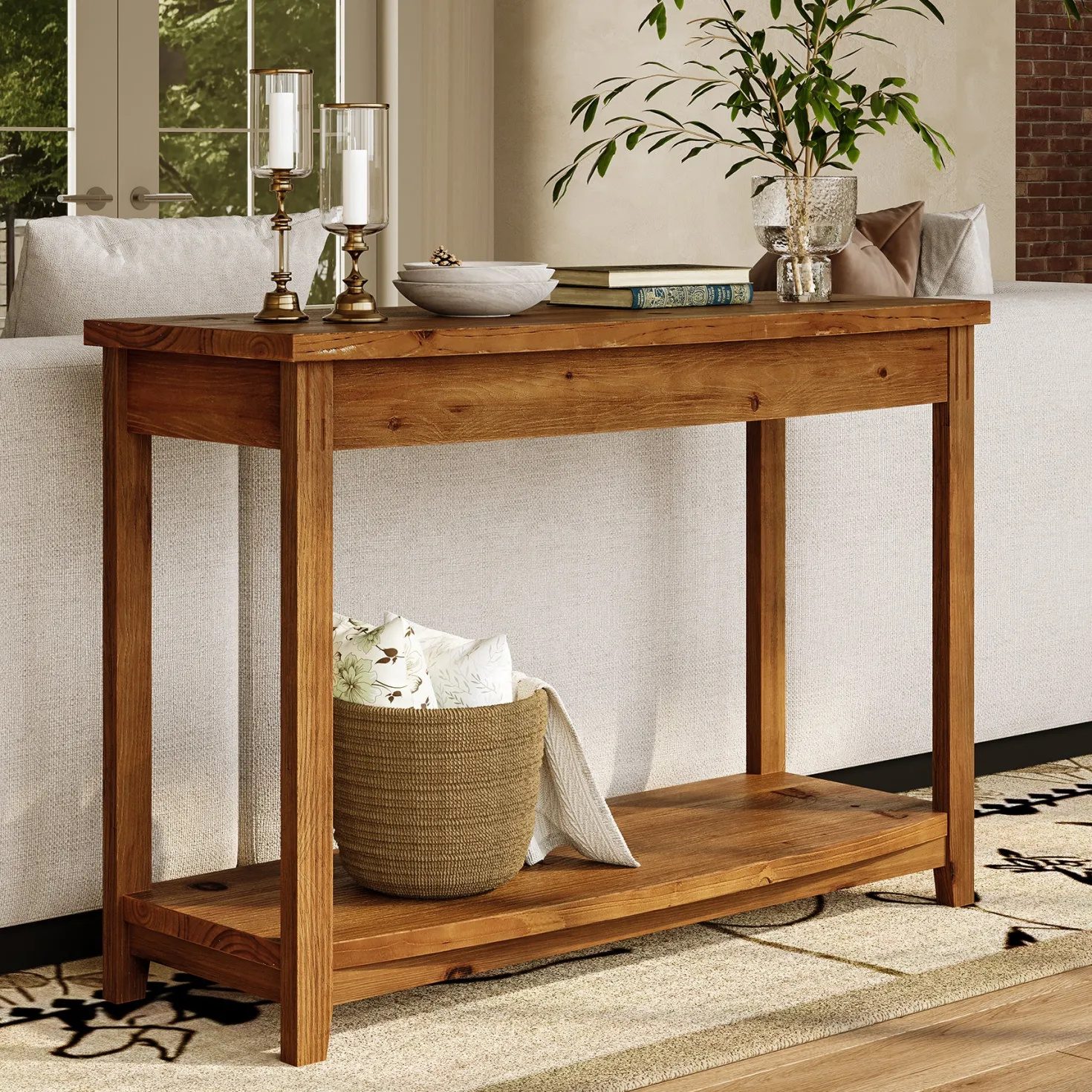 41.3" Solid Wood Console Table, Farmhouse Entryway Table With Storage Shelf
