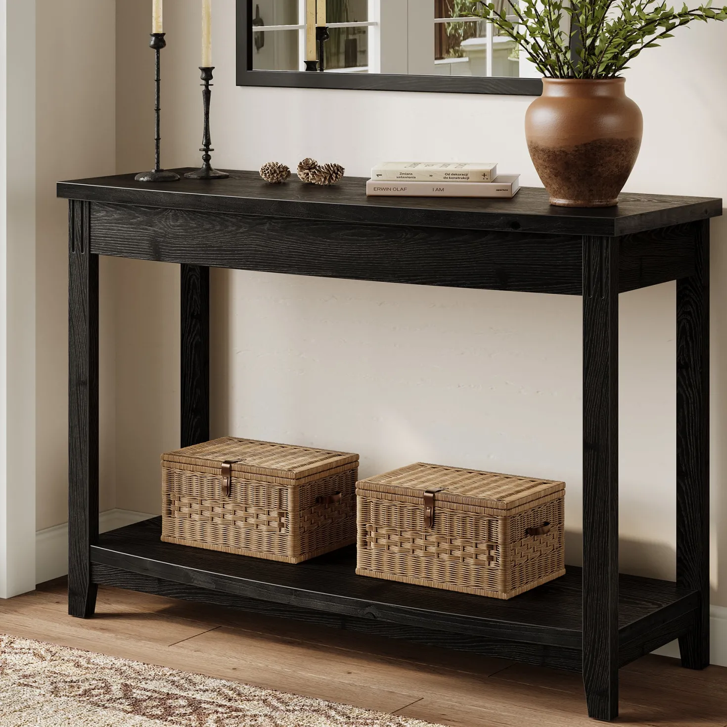 41.3" Solid Wood Console Table, Farmhouse Entryway Table With Storage Shelf