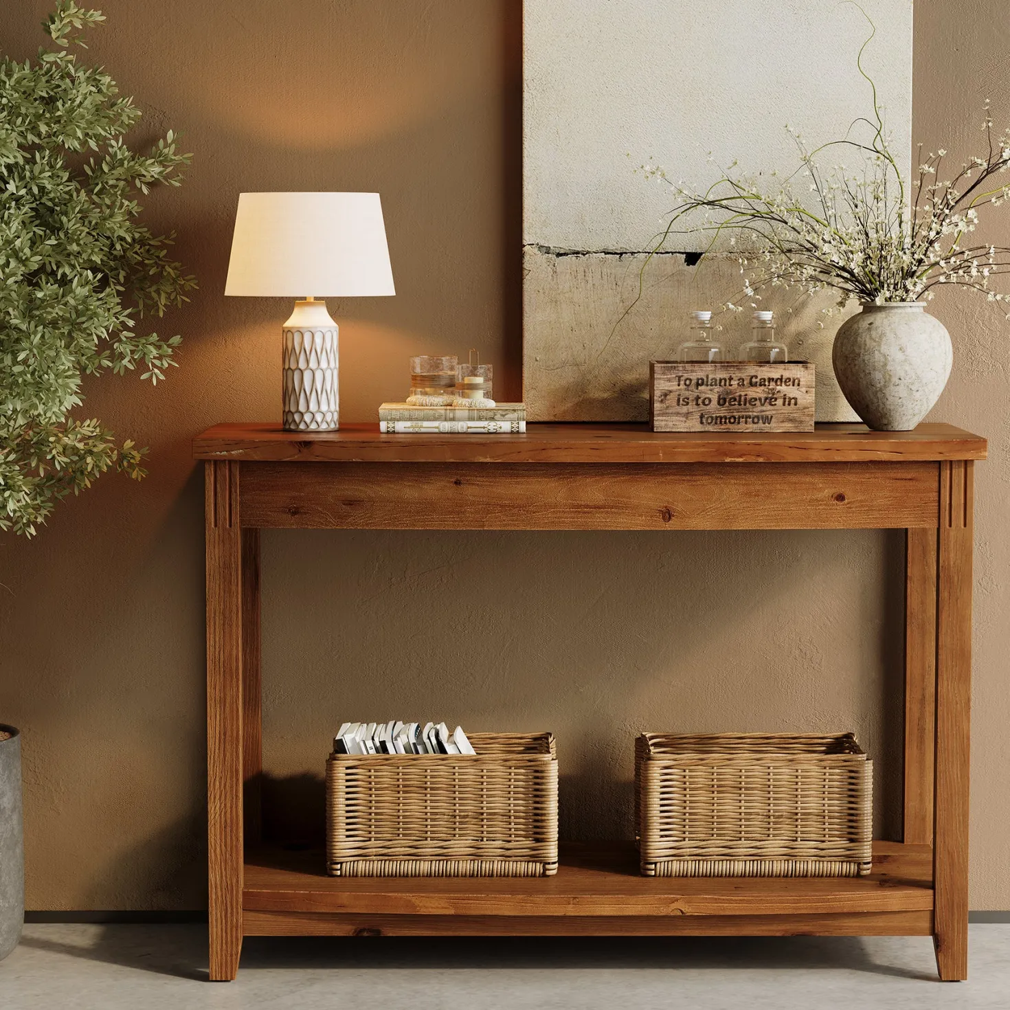 41.3" Solid Wood Console Table, Farmhouse Entryway Table With Storage Shelf