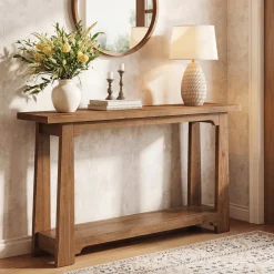 55" Solid Wood Console Table, Farmhouse Entryway Table with Storage Shelf for Hallway