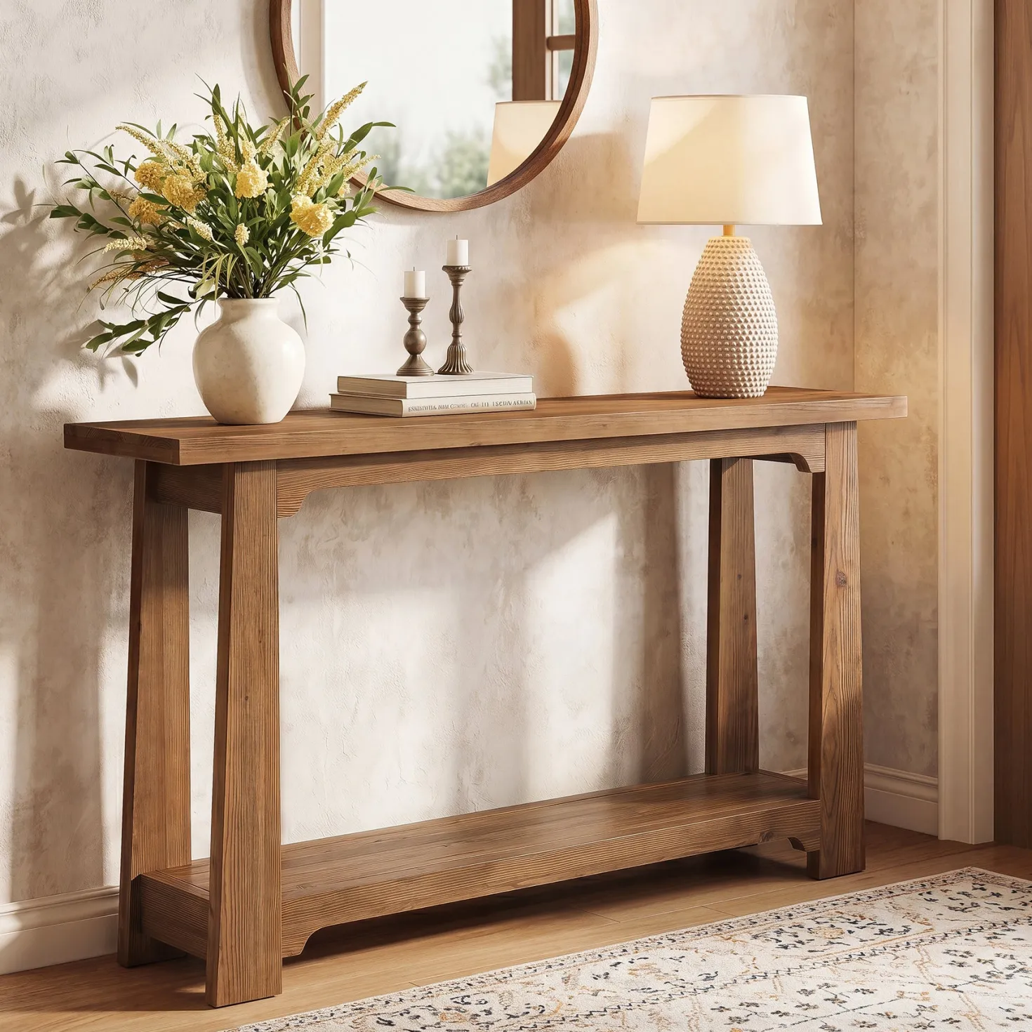 55" Solid Wood Console Table, Farmhouse Entryway Table with Storage Shelf for Hallway