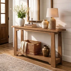 55" Solid Wood Console Table, Farmhouse Entryway Table with Storage Shelf for Hallway
