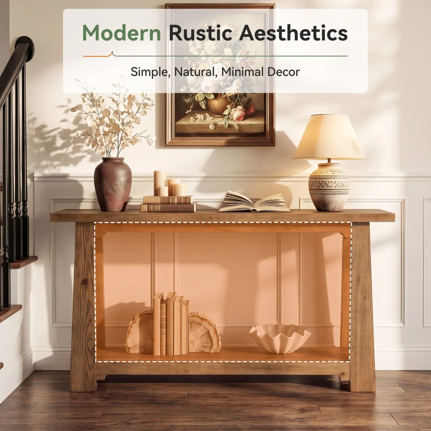 55" Solid Wood Console Table, Farmhouse Entryway Table with Storage Shelf for Hallway