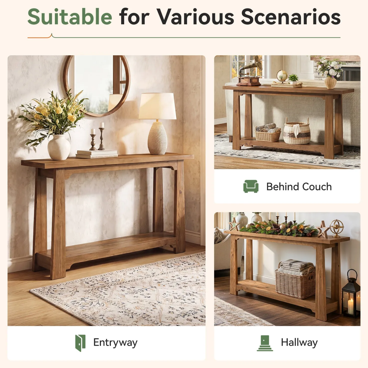 55" Solid Wood Console Table, Farmhouse Entryway Table with Storage Shelf for Hallway