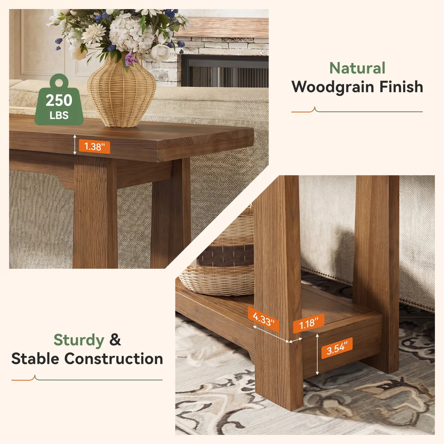 55" Solid Wood Console Table, Farmhouse Entryway Table with Storage Shelf for Hallway