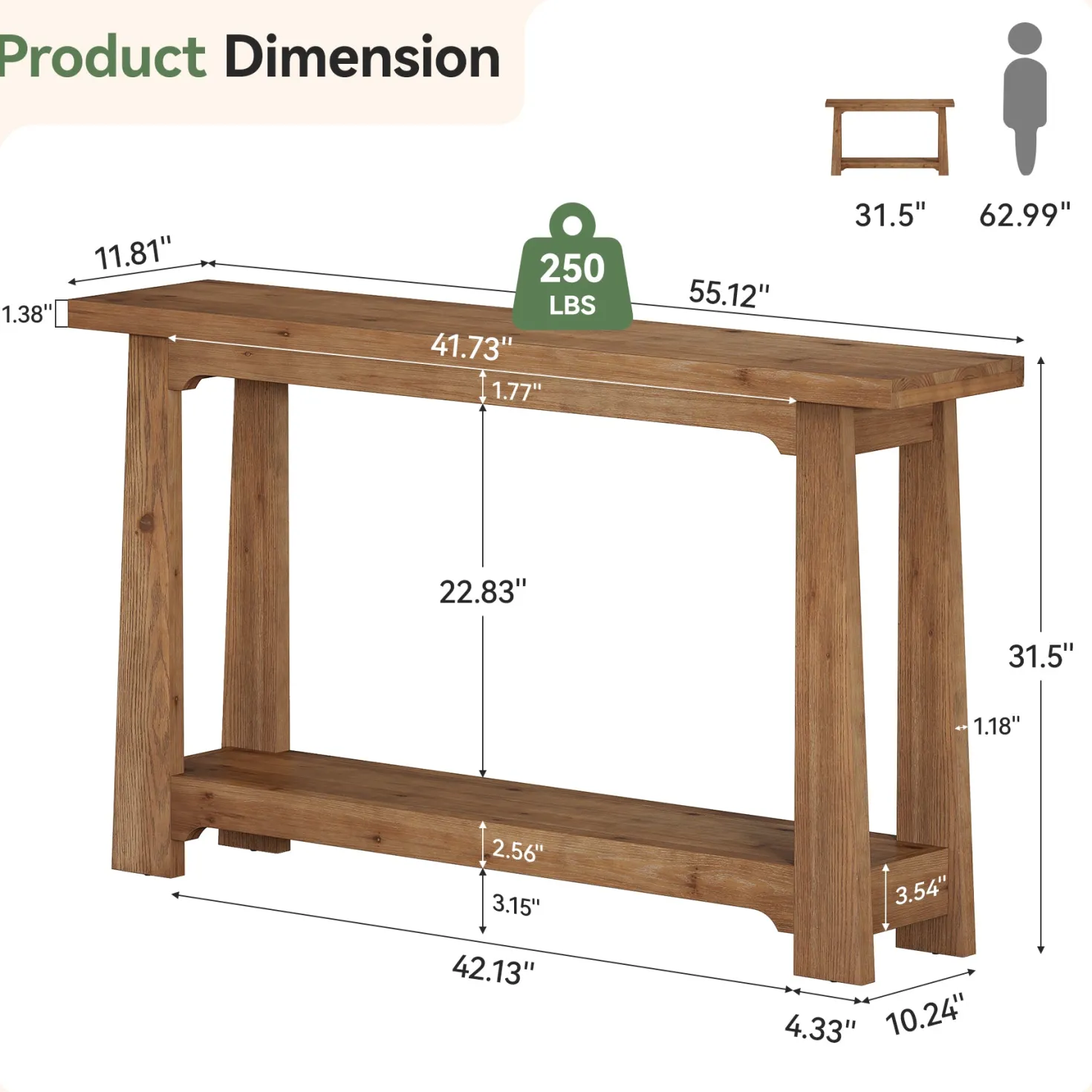 55" Solid Wood Console Table, Farmhouse Entryway Table with Storage Shelf for Hallway