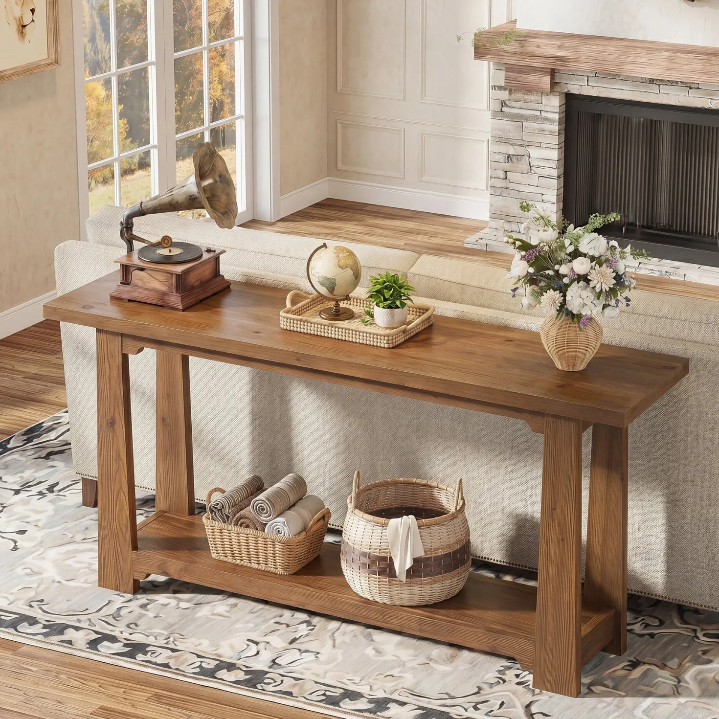55" Solid Wood Console Table, Farmhouse Entryway Table with Storage Shelf for Hallway