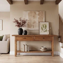 63" Solid Wood Console Table, Narrow Sofa Entryway Table with 2 Drawers and Shelf