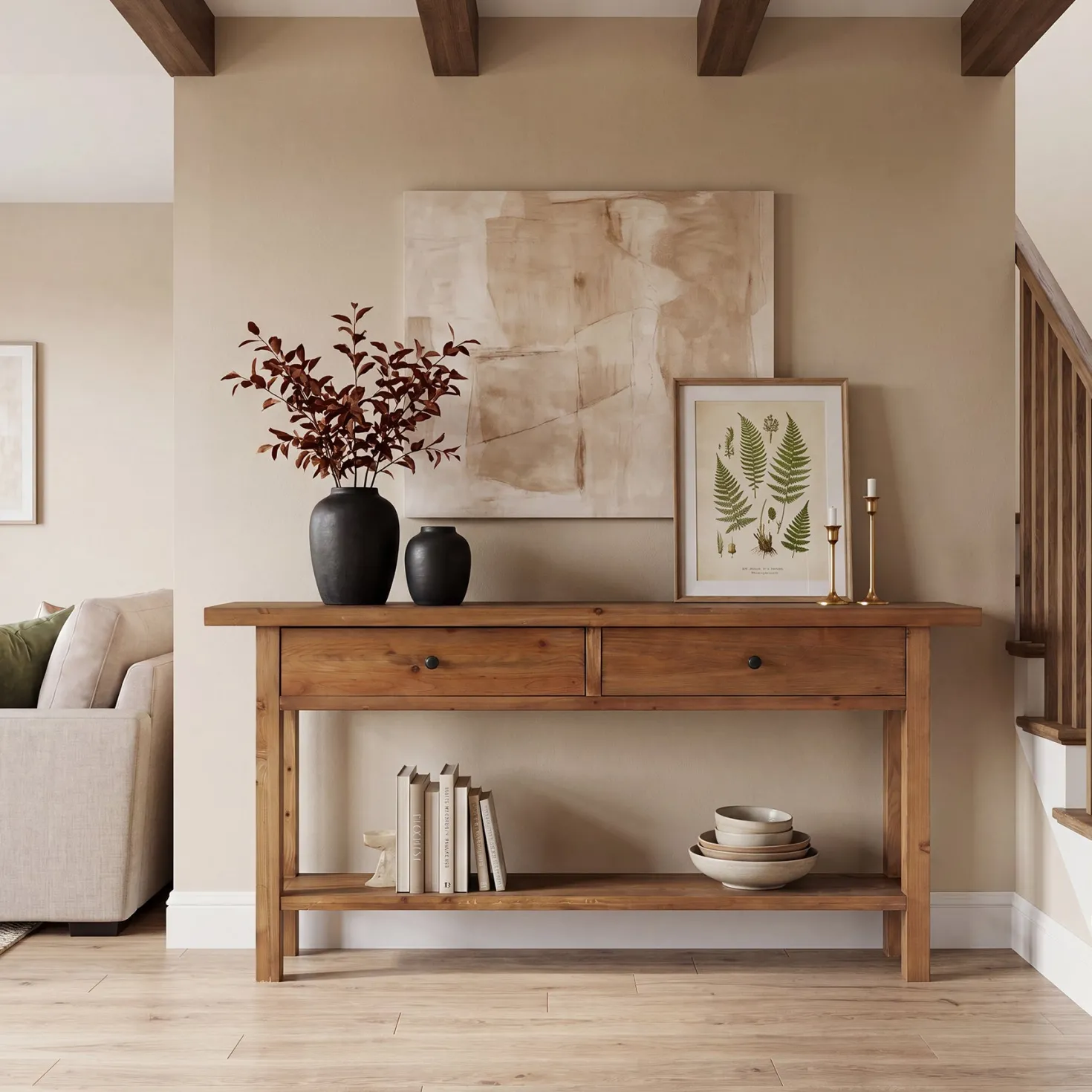 63" Solid Wood Console Table, Narrow Sofa Entryway Table with 2 Drawers and Shelf