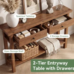 63" Solid Wood Console Table, Narrow Sofa Entryway Table with 2 Drawers and Shelf