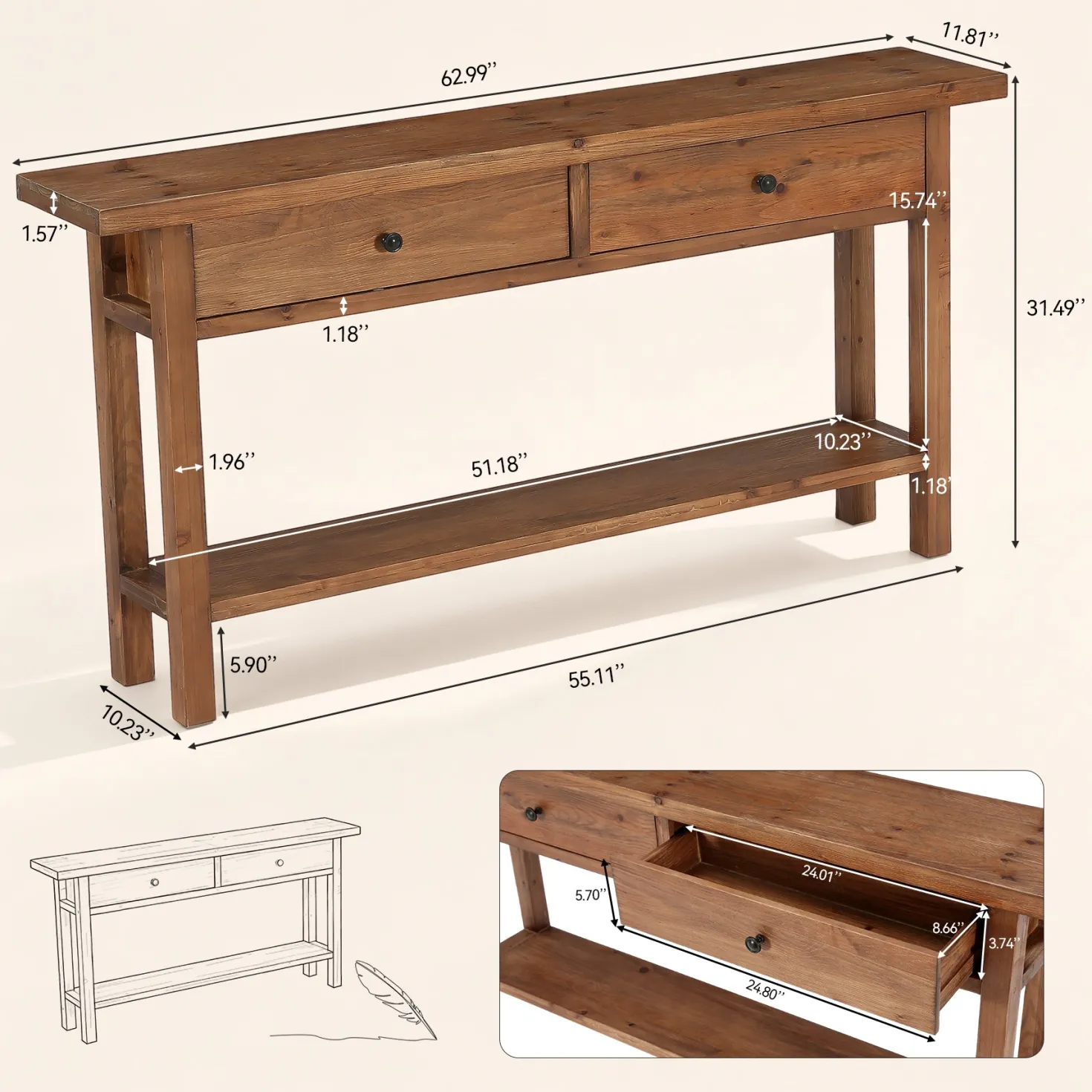 63" Solid Wood Console Table, Narrow Sofa Entryway Table with 2 Drawers and Shelf