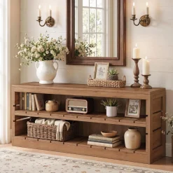 63" Solid Wood Console Table, Rustic 3-Tier Entryway Sofa Table for Hallway