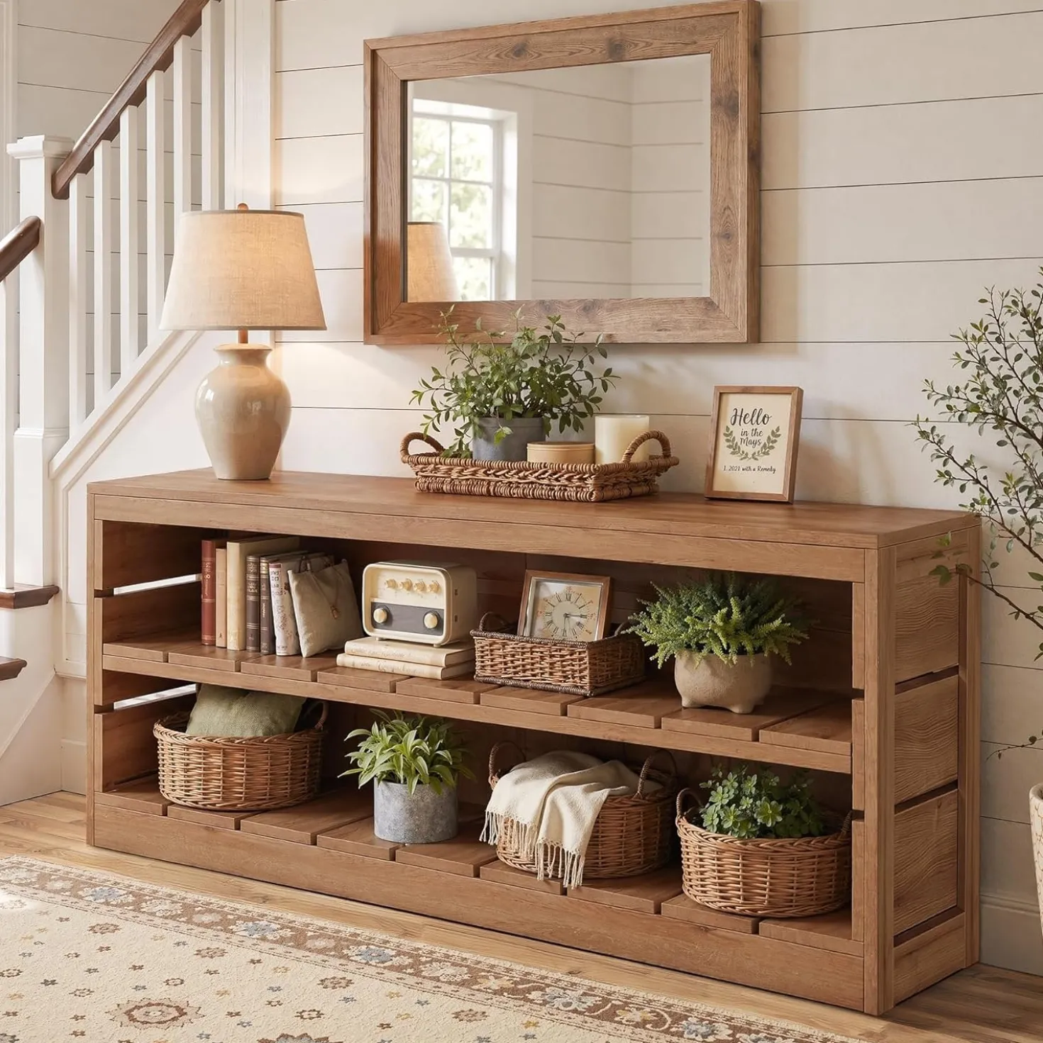 63" Solid Wood Console Table, Rustic 3-Tier Entryway Sofa Table for Hallway
