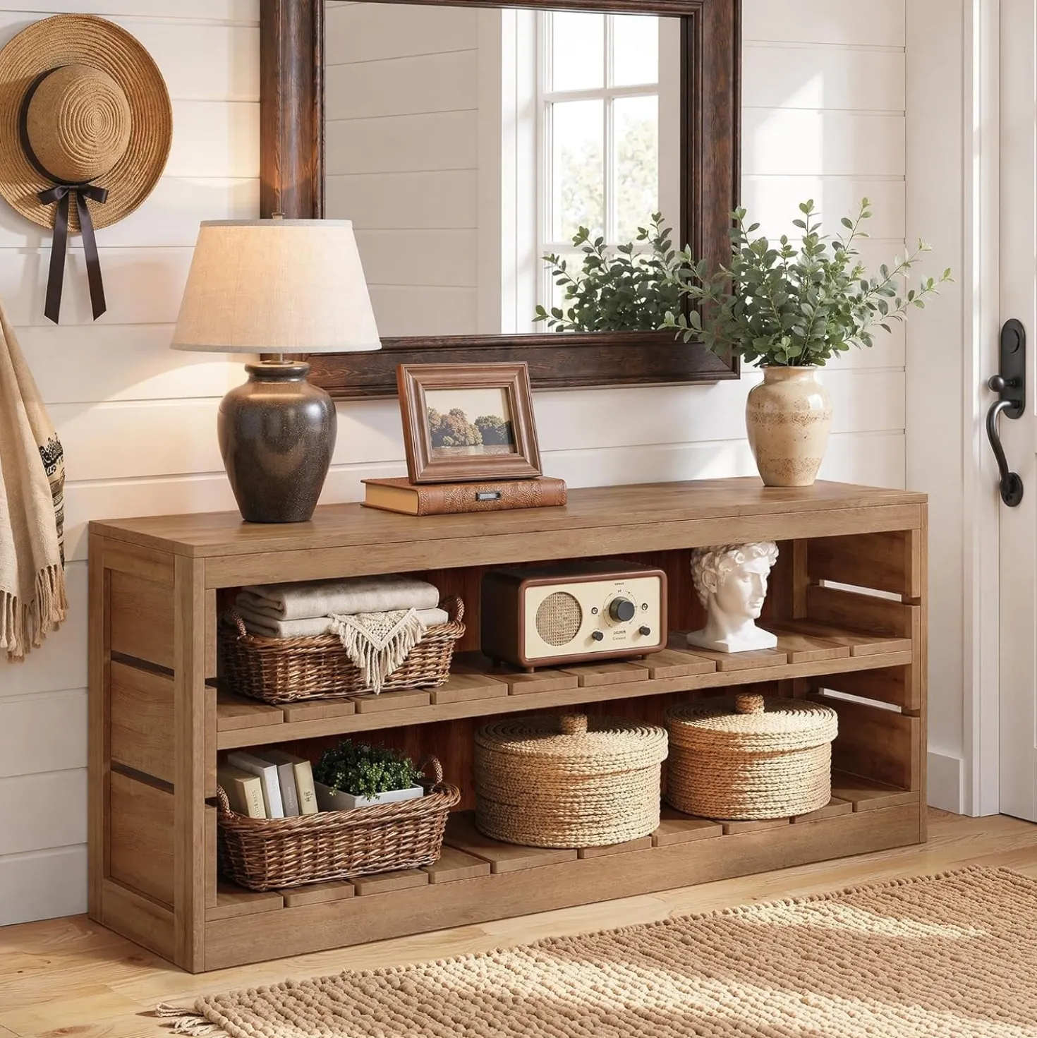 63" Solid Wood Console Table, Rustic 3-Tier Entryway Sofa Table for Hallway