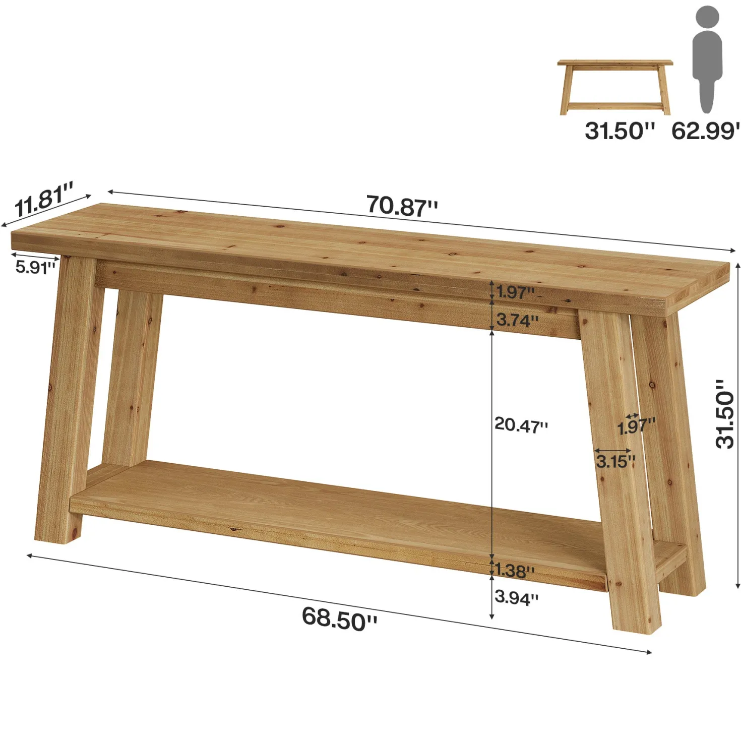 70.9" Solid Wood Console Table, Farmhouse Entryway Table for Living Room