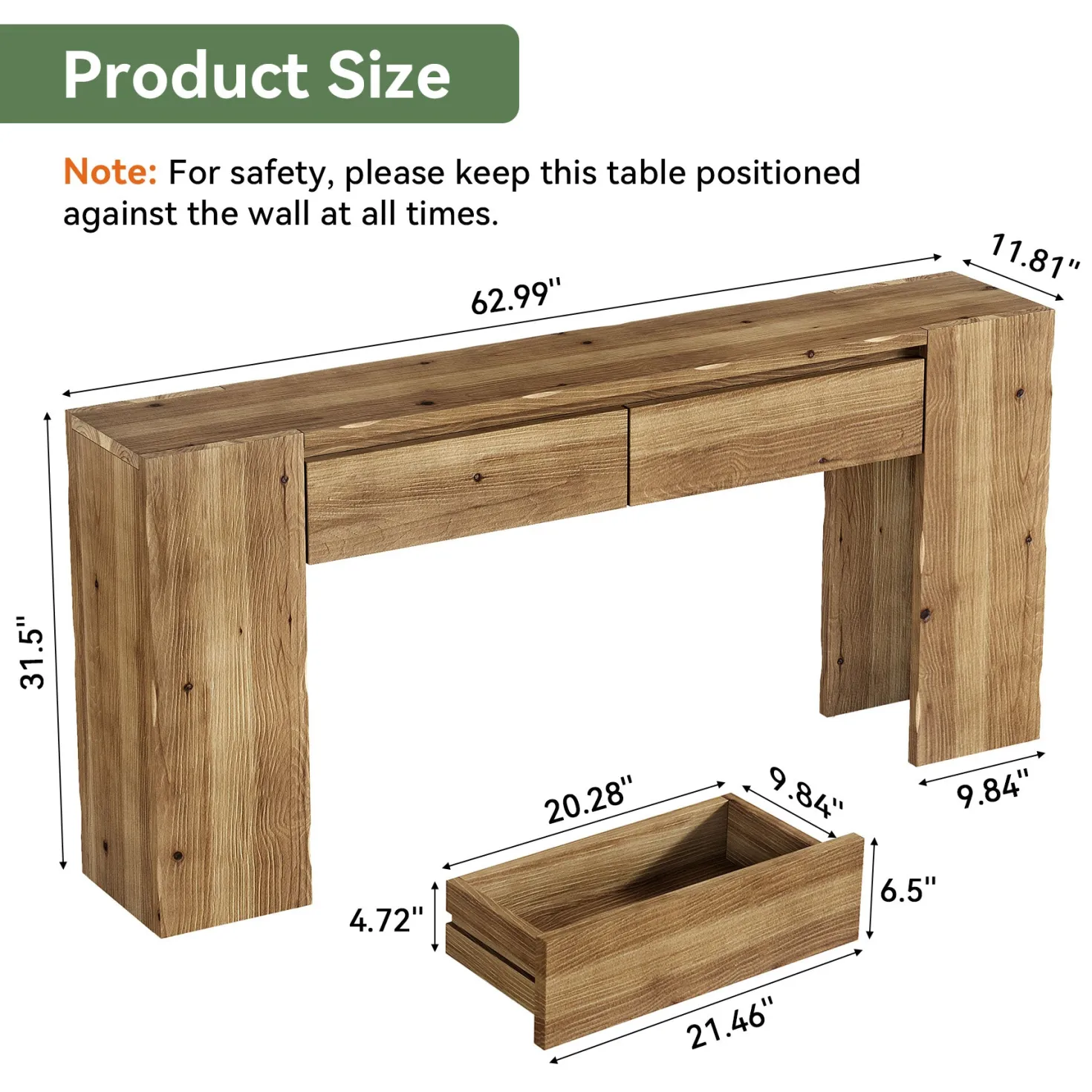 63" Solid Wood Console Table with Drawers, Narrow Entryway Sofa Table for Hallway & Living Room