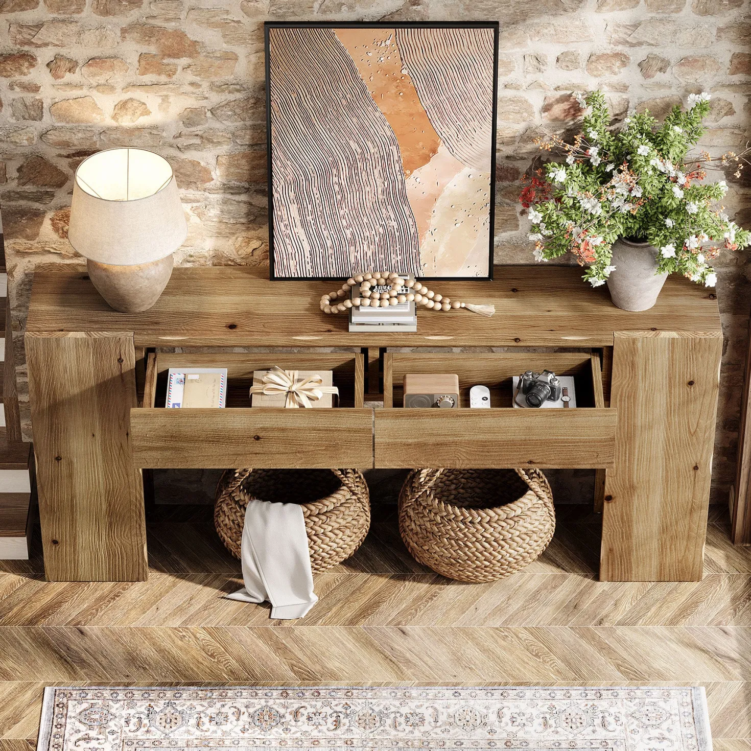 63" Solid Wood Console Table with Drawers, Narrow Entryway Sofa Table for Hallway & Living Room
