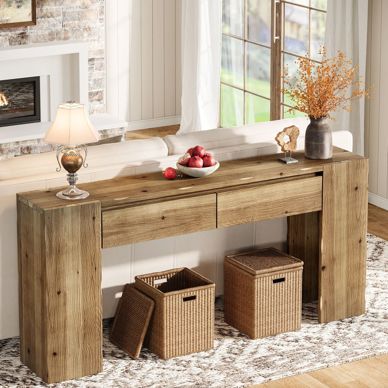 63" Solid Wood Console Table with Drawers, Narrow Entryway Sofa Table for Hallway & Living Room