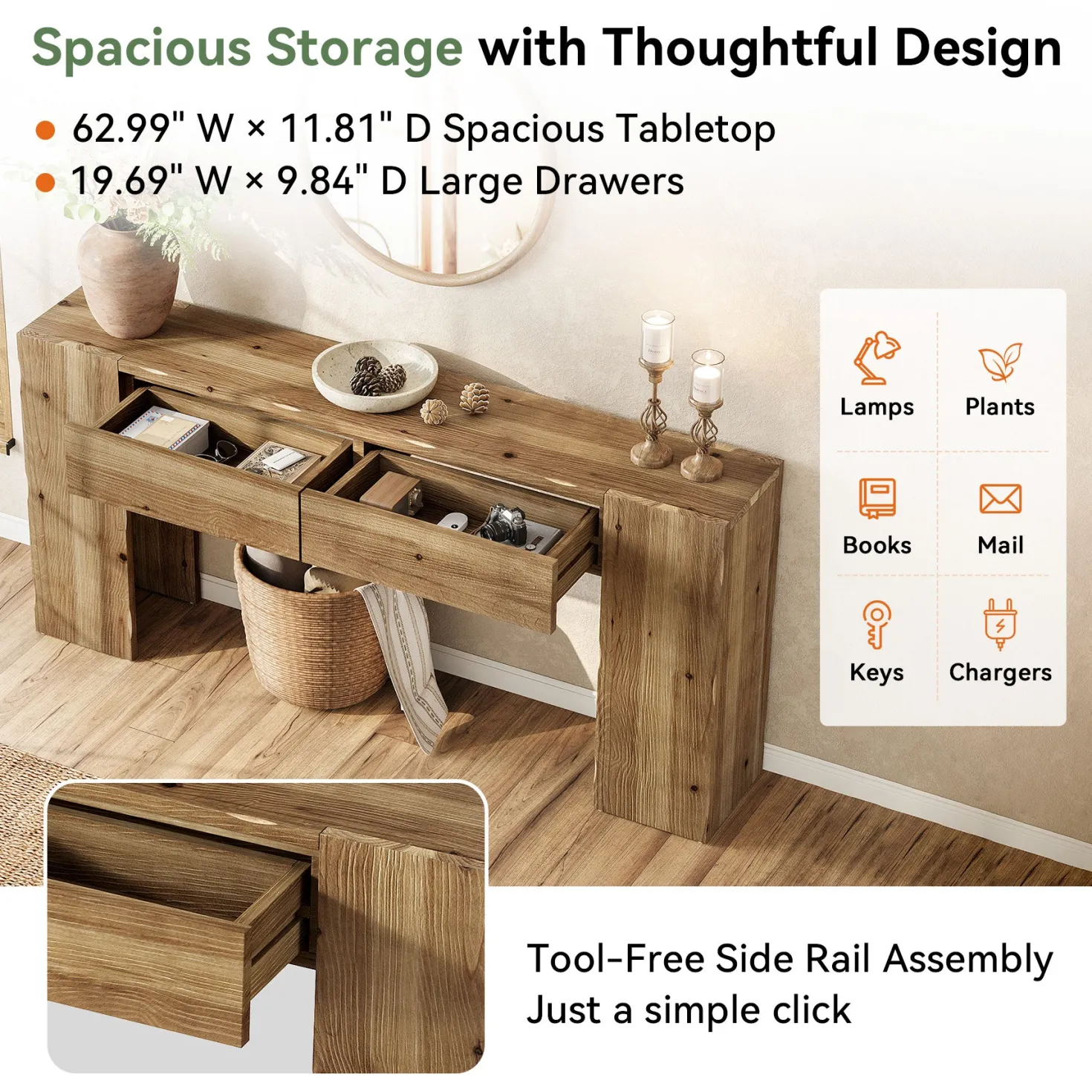 63" Solid Wood Console Table with Drawers, Narrow Entryway Sofa Table for Hallway & Living Room