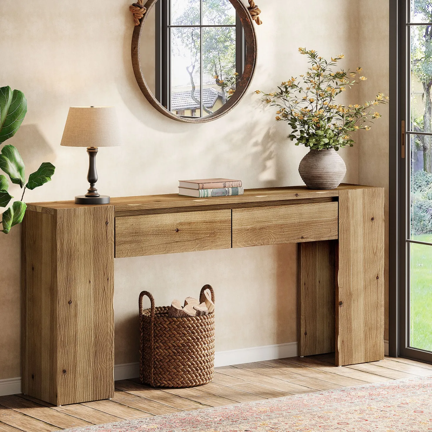 63" Solid Wood Console Table with Drawers, Narrow Entryway Sofa Table for Hallway & Living Room