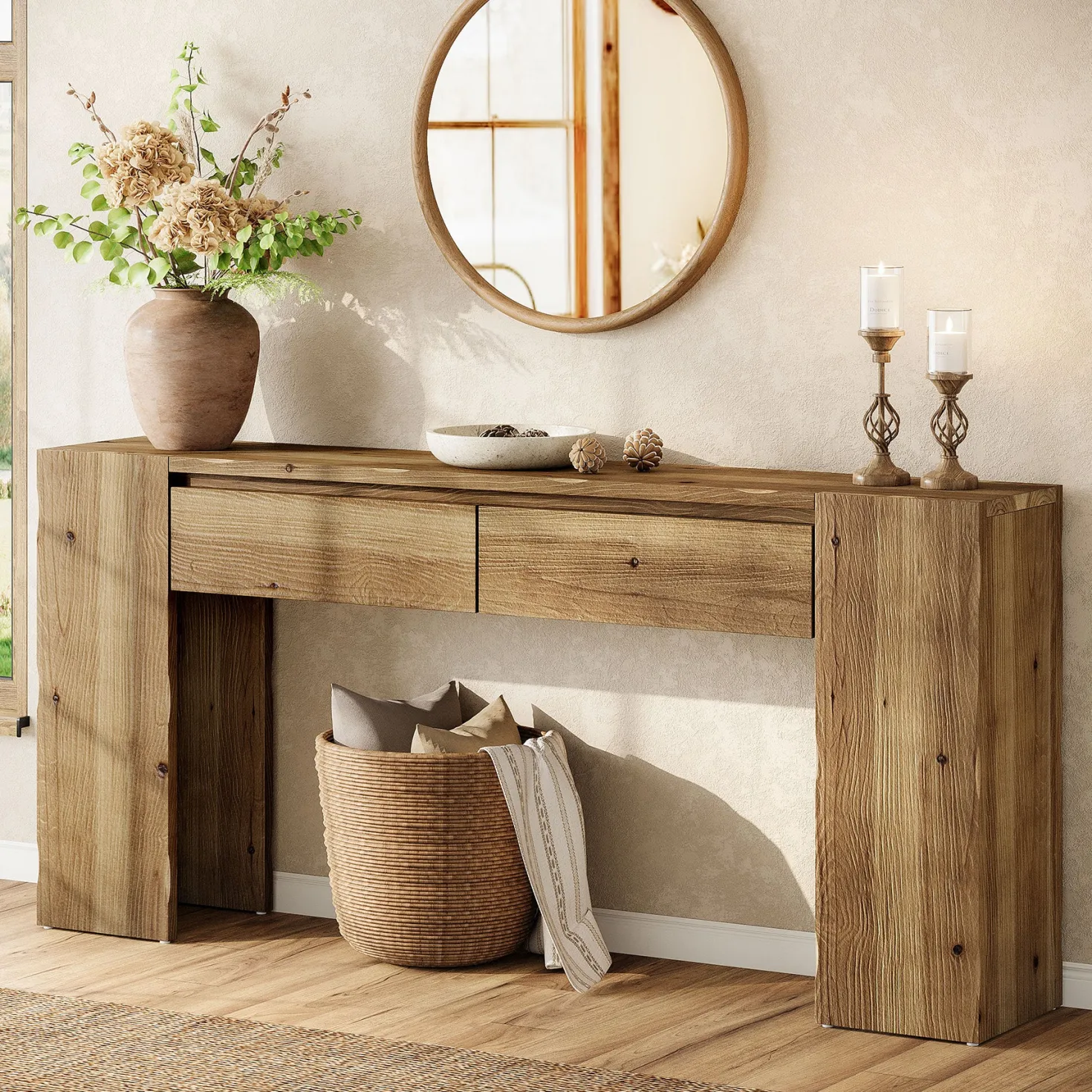 63" Solid Wood Console Table with Drawers, Narrow Entryway Sofa Table for Hallway & Living Room