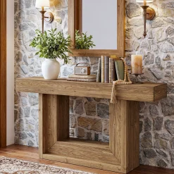 63" Solid Wood Console Table with U-Shaped Base, Farmhouse Narrow Entryway Table with Open Storage Shelf