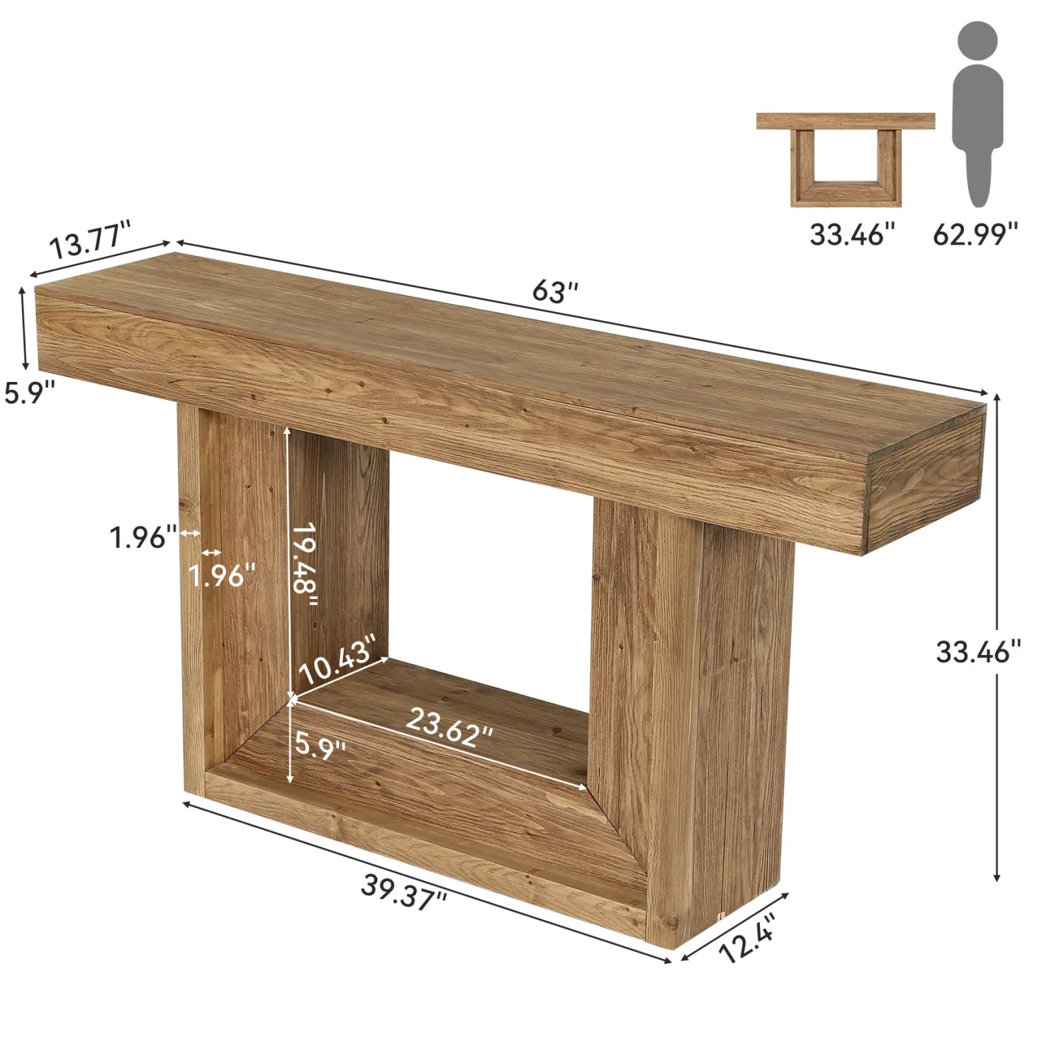 63" Solid Wood Console Table with U-Shaped Base, Farmhouse Narrow Entryway Table with Open Storage Shelf
