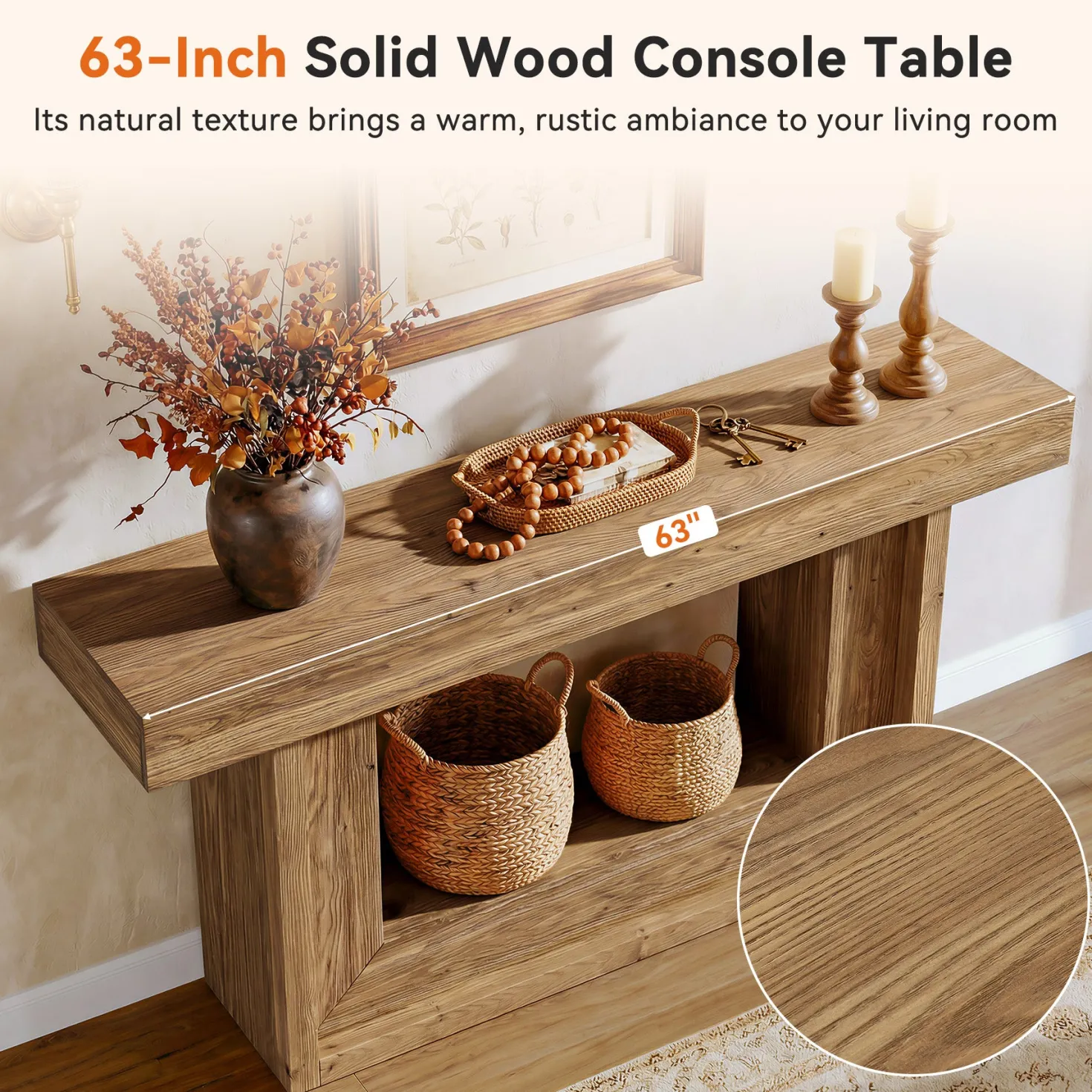 63" Solid Wood Console Table with U-Shaped Base, Farmhouse Narrow Entryway Table with Open Storage Shelf