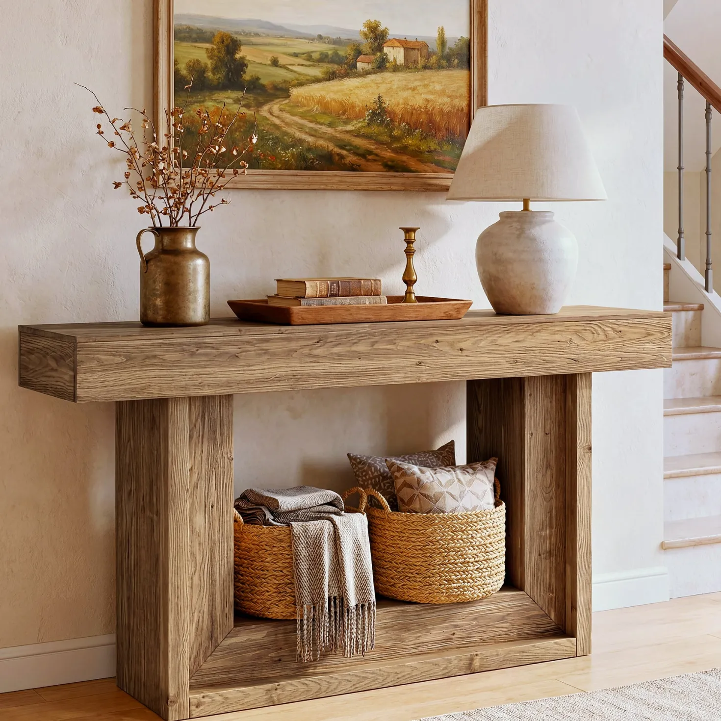 63" Solid Wood Console Table with U-Shaped Base, Farmhouse Narrow Entryway Table with Open Storage Shelf