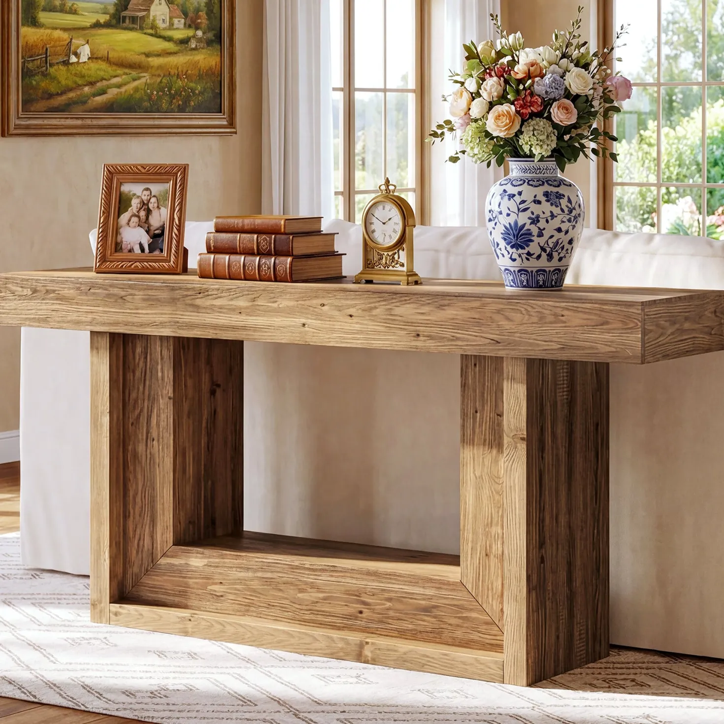 63" Solid Wood Console Table with U-Shaped Base, Farmhouse Narrow Entryway Table with Open Storage Shelf