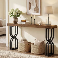59" Solid Wood Console Table, Narrow Sofa Table with Metal U-Shaped Legs, Industrial Entryway Table for Hallway & Living Room