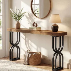 59" Solid Wood Console Table, Narrow Sofa Table with Metal U-Shaped Legs, Industrial Entryway Table for Hallway & Living Room