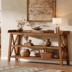 63” Solid Wood Console Table with 3-Tier Shelves, Farmhouse Sofa Table