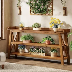 63” Solid Wood Console Table with 3-Tier Shelves, Farmhouse Sofa Table