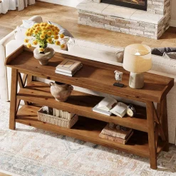 63” Solid Wood Console Table with 3-Tier Shelves, Farmhouse Sofa Table