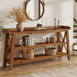 63” Solid Wood Console Table with 3-Tier Shelves, Farmhouse Sofa Table