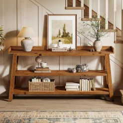 63” Solid Wood Console Table with 3-Tier Shelves, Farmhouse Sofa Table