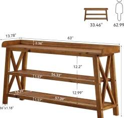 63” Solid Wood Console Table with 3-Tier Shelves, Farmhouse Sofa Table